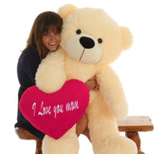 4ft Cream Huggable Big Teddy Bear with Hot Pink I Love You Mom Heart from Giant Teddy