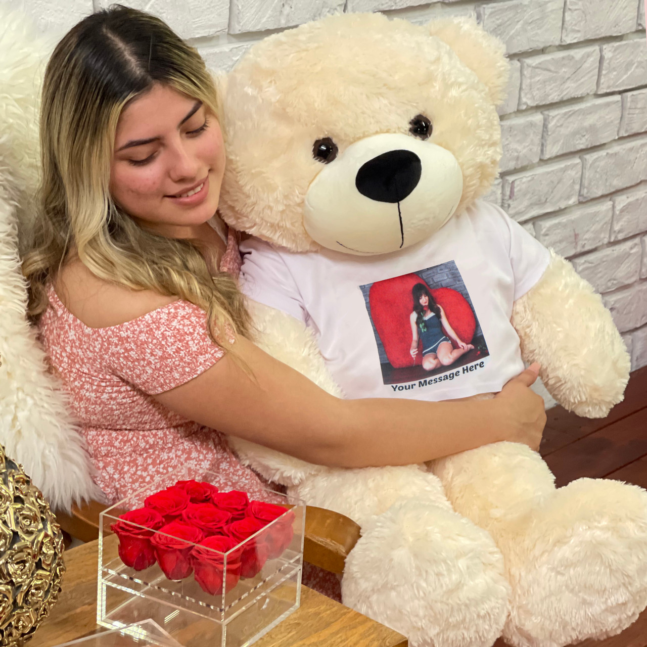 3ft Cream Cuddly Big Teddy Bear with Custom Photo T-shirt from Giant Teddy