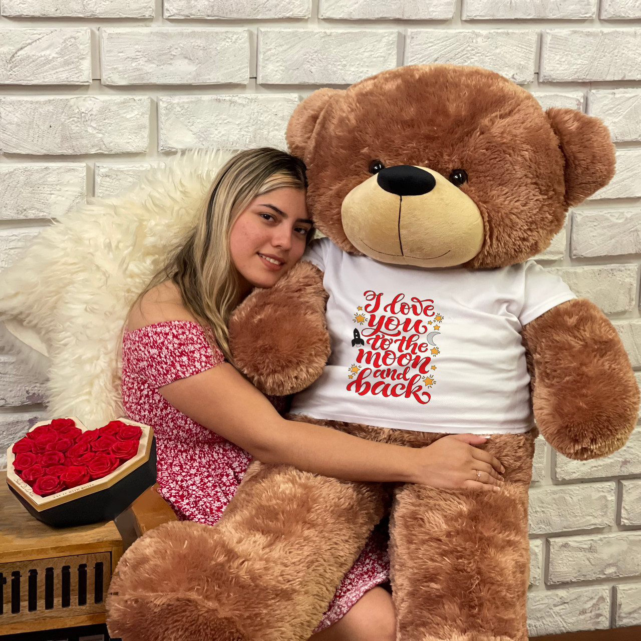 48in Adorable Mocha Brown Teddy Bear With I Love You To The moon Tshirt