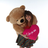 4 ft Amber Tan Teddy Bear Gift with Hot Pink I Love You Mom Heart