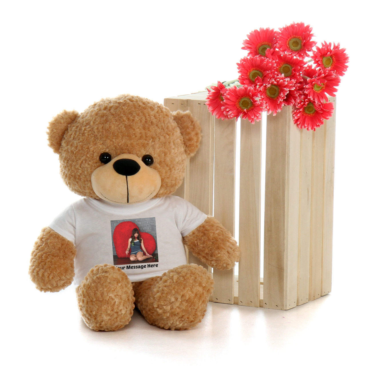 Adorable 2 Foot Amber Brown Teddy Bear with Custom Photo T-shirt