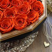 Beautiful Preserved Orange Roses in Black Heart Box